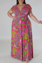 Rose Purple Sweet Print Bandage Patchwork V Neck Straight Plus Size Dresses