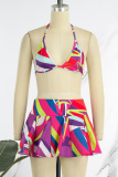 Colour Sexy Print Bandage Backless Halter Sleeveless Two Pieces