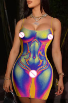 Blue Sexy Street Party Print Backless Spaghetti Strap One Step Skirt Dresses