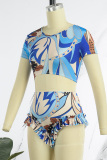 Cyan Sexy Print Basic O Neck Short Sleeve Two Pieces