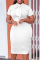 White Casual Solid Patchwork Mandarin Collar Pencil Skirt Short Sleeve Dress