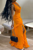 Tangerine Red Sexy Solid Patchwork Backless Stringy Selvedge Halter Long Dress Dresses
