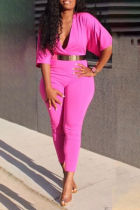 Pink Casual Daily Elegant Solid Solid Color V Neck Skinny Jumpsuits