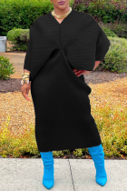 Black Casual Solid Patchwork V Neck One Step Skirt Dresses
