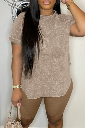 Dark Gray Casual Print Patchwork O Neck Short Sleeve Two Pieces