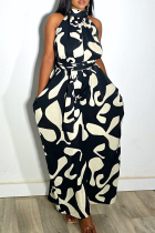 Black White Casual Daily Elegant Print Printing Halter Loose Jumpsuits