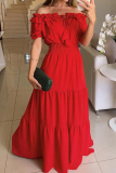 Rose Red Casual Solid Patchwork Off the Shoulder Short Sleeve Dress Dresses