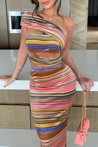 Colour Sexy Casual Elegant Striped Slit Cut Out Oblique Collar Irregular Dress Dresses