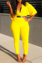 Yellow Casual Daily Elegant Solid Solid Color V Neck Skinny Jumpsuits