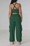 Ink Green Sexy Casual Solid Backless Spaghetti Strap Sleeveless Two Pieces