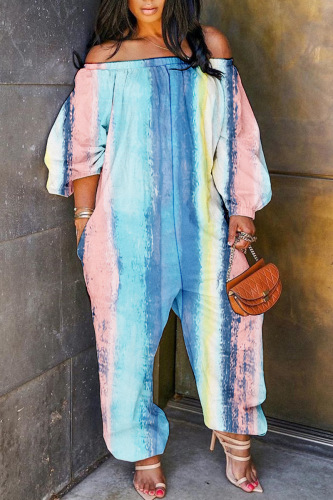 Light Blue Casual Print Basic Off the Shoulder Regular Jumpsuits