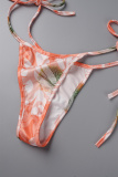 Pink Sexy Print Bandage Backless Swimsuit Three Piece Set