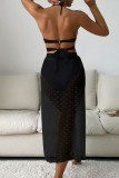 Black Sexy Solid Hollowed Out Patchwork See-through Backless Swimsuit Three Piece Set (With Paddings)