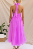 Purple Sweet Elegant Solid Backless Halter A Line Dresses