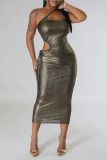 Silver Sexy Solid Hollowed Out Patchwork Frenulum Spaghetti Strap One Step Skirt Dresses