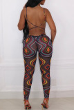 Colour Sexy Street Sportswear Print Solid Hollowed Out Strap Design Spaghetti Strap Skinny Jumpsuits