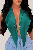 Green Sexy Casual Work Solid Patchwork Backless Asymmetrical Turn-back Collar High Waist Tops(With Brooch)