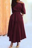 Khaki Fashion Elegant Solid With Belt Oblique Collar Waist Skirt Dresses