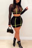 Black Sexy Patchwork See-through Zipper O Neck Long Sleeve Two Pieces