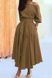 Burgundy Fashion Elegant Solid With Belt Oblique Collar Waist Skirt Dresses