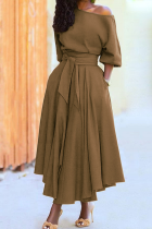 Khaki Fashion Elegant Solid With Belt Oblique Collar Waist Skirt Dresses