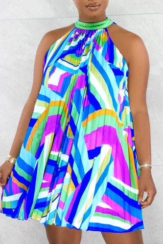 Blue Casual Print Patchwork Fold O Neck A Line Dresses