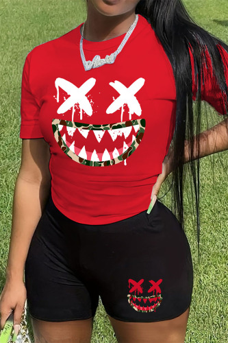Black Red Casual Print Patchwork O Neck Short Sleeve Two Pieces
