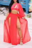 Red Sexy Vacation Solid Hollowed Out High Opening Solid Color One Shoulder Nine Points Sleeve Two Pieces