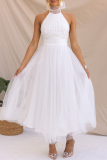White Sweet Elegant Solid Backless Halter A Line Dresses