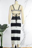 Black Sexy Casual Striped Print Backless Spaghetti Strap Long Dress Dresses