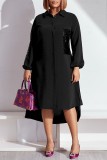 Black Casual Solid Sequins Patchwork Turndown Collar Shirt Dress Dresses