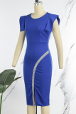 Royal Blue Casual Solid Patchwork Slit O Neck Pencil Skirt Dresses