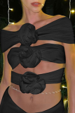 Black Sexy Sweet Street Elegant Solid Hollowed Out Fold Off the Shoulder High Waist Tops(Without  Waist chain)