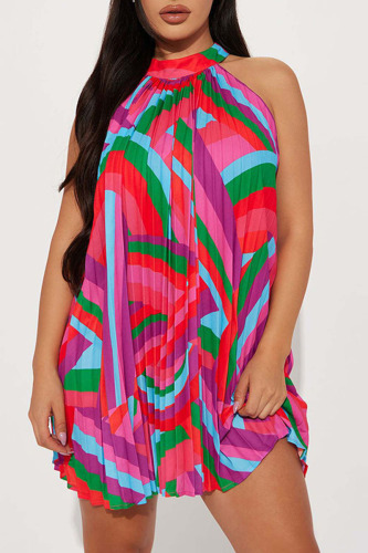 Rose Red Casual Print Patchwork Fold O Neck A Line Dresses