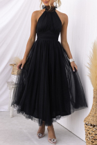 Black Sweet Elegant Solid Backless Halter A Line Dresses