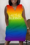 Green Plus Size Casual Rainbow Multicolor Gredient V Neck Sleeveless Midi Dresses