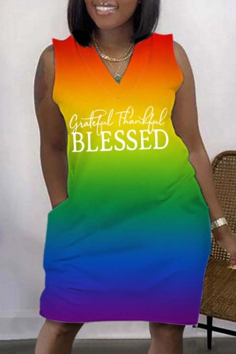 Orange Plus Size Casual Rainbow Multicolor Gredient V Neck Sleeveless Midi Dresses