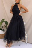 Black Sweet Elegant Solid Backless Halter A Line Dresses