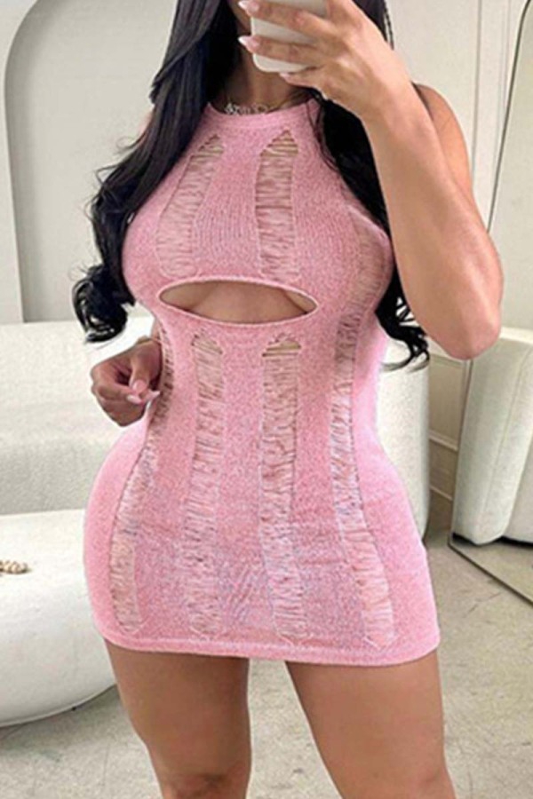Pink Sexy Solid Hollowed Out O Neck Sleeveless Dress Dresses