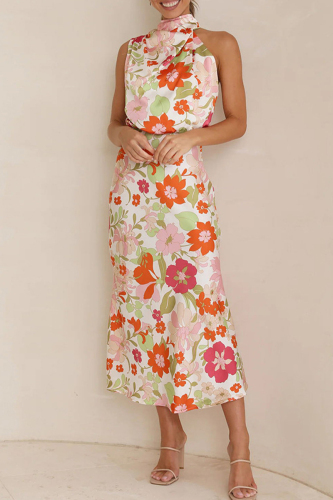 White Celebrities Elegant Print Patchwork Asymmetrical Collar One Step Skirt Dresses