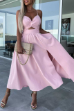 Light Pink Sexy Celebrities Solid Hollowed Out Pocket Slit V Neck Evening Dress Dresses