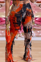 Red Casual Street Tie Dye Tassel Regular Mid Waist Speaker Full Print Bottoms