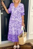 Purple Elegant Vacation Tie Dye Patchwork V Neck Printed Dress Dresses