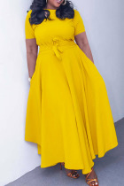 Yellow Casual Solid Bandage Patchwork Asymmetrical O Neck A Line Dresses