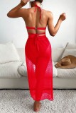 Red Sexy Solid Hollowed Out Patchwork See-through Backless Swimsuit Three Piece Set (With Paddings)
