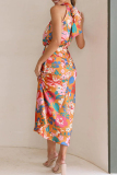 Tangerine Celebrities Elegant Print Patchwork Asymmetrical Collar One Step Skirt Dresses
