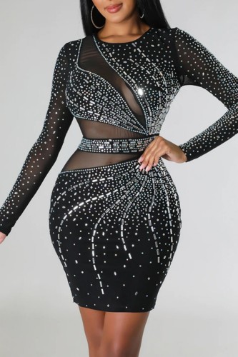 Black Sexy Patchwork Hot Drilling See-through O Neck Long Sleeve Dresses