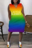 Green Plus Size Casual Rainbow Multicolor Gredient V Neck Sleeveless Midi Dresses