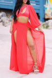Red Sexy Vacation Solid Hollowed Out High Opening Solid Color One Shoulder Nine Points Sleeve Two Pieces