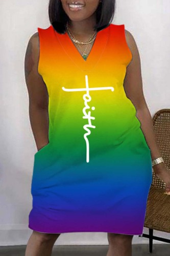 Colour Plus Size Casual Rainbow Multicolor Gredient V Neck Sleeveless Midi Dresses